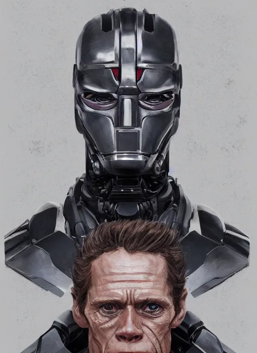 Image similar to portrait of willem dafoe as robocop, cyborg, borg, strogg, face of a man, victor stone, terminator, flesh, quake, doom demon, wolfenstein, monster, symmetry, symmetrical, concept art by ruan jia and greg rutkowski