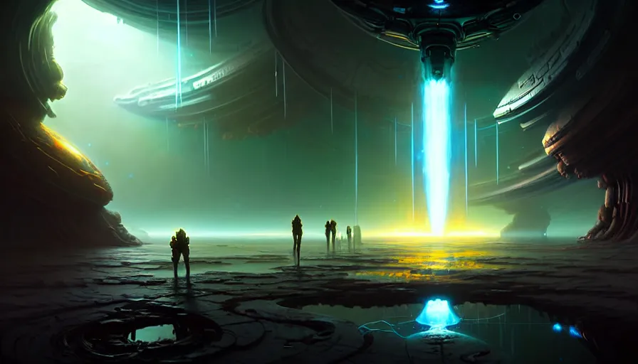 Prompt: paint an epic sci - fi exploration scene as sd ai would paint it on a water surface planet, in the style of tom bagshaw, epic scene, glowing light and shadow, cinematic lighting, unreal engine, atmospheric, god lighting, lasers