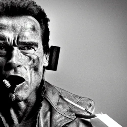 Prompt: A realistic photograph of arnold schwarzenegger as terminator smoking a pipe riding a skateboard, gloomy, action,