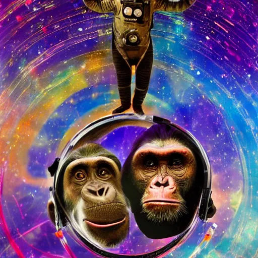 Image similar to double exposure portrait of astronaut and a chimpanzee astronaut with space and time in the the background by davinci, circles, psychedelic, pencil art, high definition, dynamic lighting stars, sharpness, spirals, golden ratio