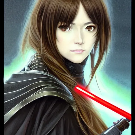 Prompt: Masterpiece head and shoulders portrait of a female Kazuto Kirigaya Kirito, young woman with blonbrown long hair and bangs and wearing a long black coat breast-armor showing through, holding a light saber, face, fantasy, intricate, elegant, highly detailed drawn by Donato Giancola and Fernanda Suarez and Artem Demura, face by Artgerm and Edmund Leighton, Alphonse Mucha, background by James Jean and Gustav Klimt, 4k, porcelain skin, komorebi, french nouveau, trending on pixiv, octane render, hyperrealistic