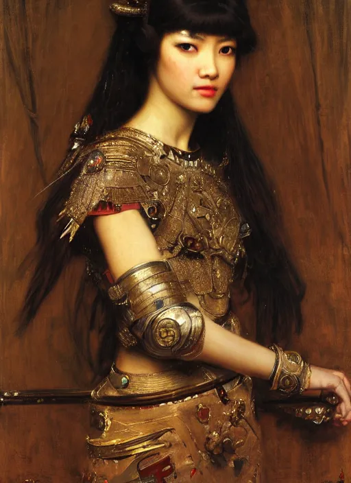 Prompt: beautifull asian queen cyborg with bangs curly Iranian orientalist portrait by john william waterhouse and Edwin Longsden Long and Theodore Ralli and Nasreddine Dinet, oil on canvas. Cinematic, hyper realism, dramatic lighting, high detail 4k