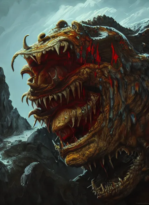 Image similar to close up portrait of a monster in the mountains of hell, laughing enormously, oil painting by tomasz jedruszek, cinematic lighting, pen and ink, intricate line, hd, 4 k, million of likes, trending on artstation