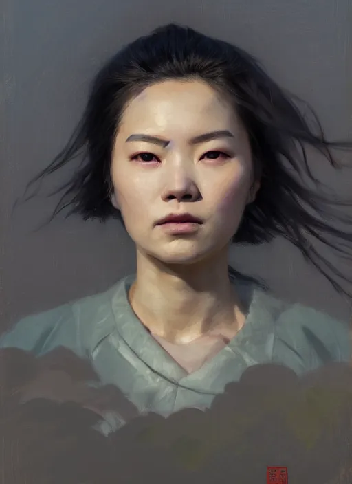 Prompt: portrait of Nezuko, countryside, calm, fantasy character portrait, dynamic pose, above view, sunny day, thunder clouds in the sky, artwork by Jeremy Lipkin and Giuseppe Dangelico Pino and Michael Garmash and Rob Rey, very coherent asymmetrical artwork, sharp edges, perfect face, simple form, 100mm