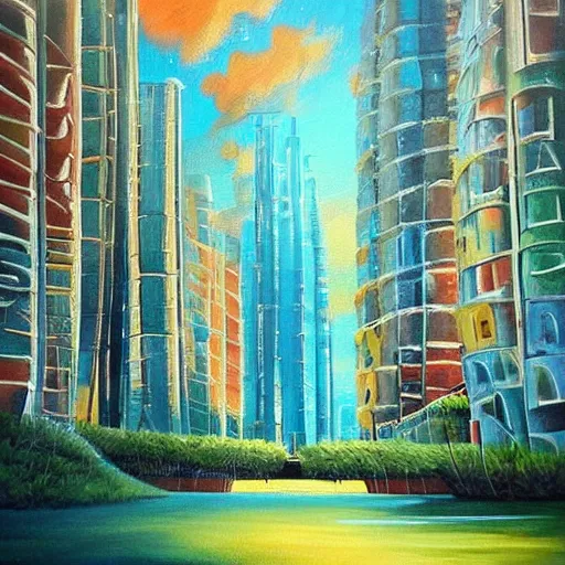 Prompt: Beautiful city of the future in harmony with nature. Nice colour scheme, soft warm colour. Beautiful painting by Lurid. (2022)