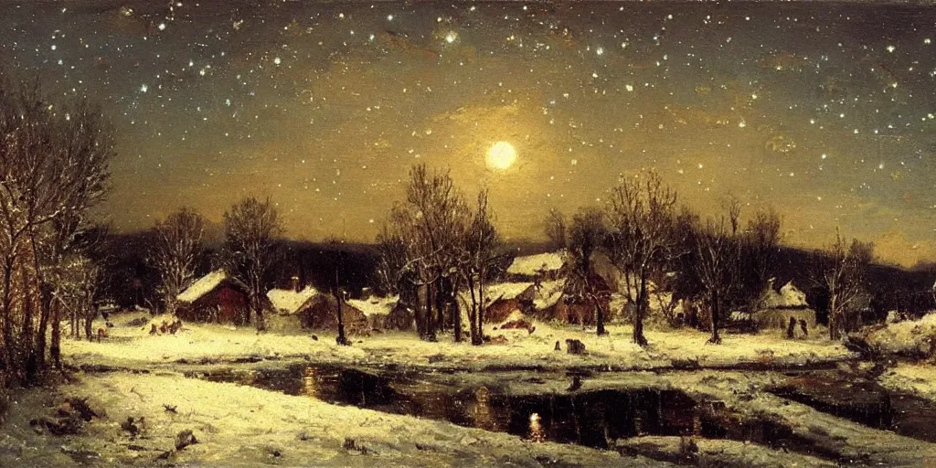 Prompt: a scene of a small rural russian village at night, stars, moon, wintertime, painting by nikolay makovsky