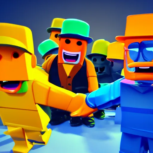 Image similar to high quality 3d render of happy roblox figures, bright and fun colors, octane render, trending on artstation