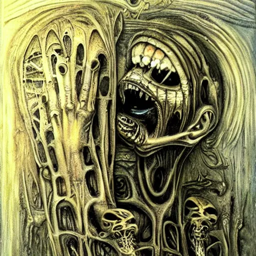 Prompt: agony frozen in time, artwork by H R Giger