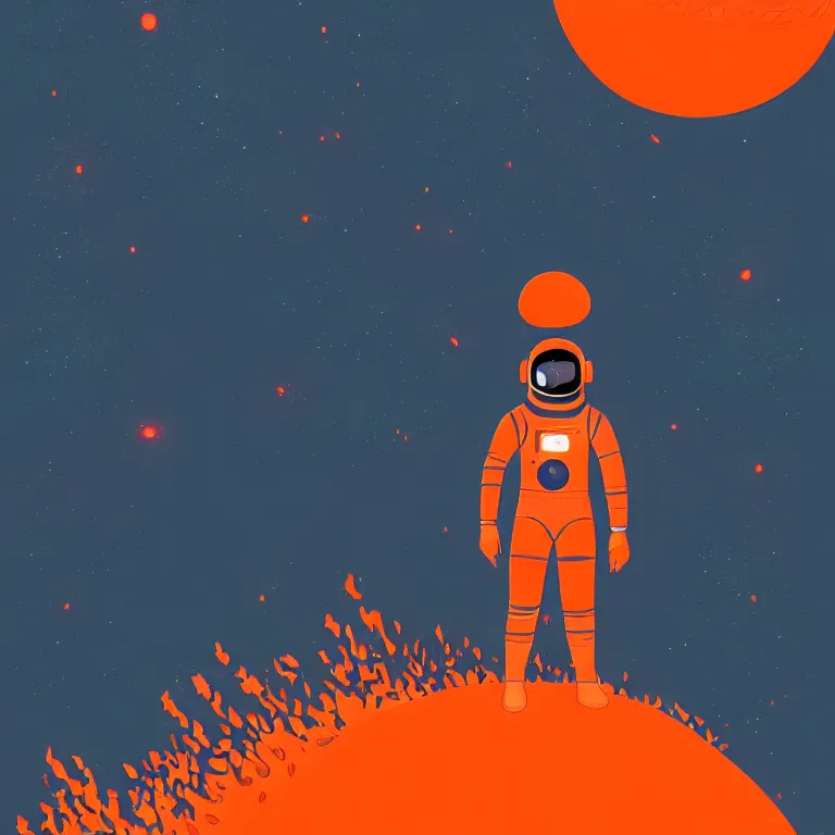 Prompt: A space miner wearing orange spacesuit, high-tech spacesuit armor, in a lava planet, red tones, magma rock, lava and fire, art by James Gilleard, James Gilleard artwork, vintage