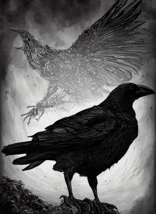 Image similar to portrait, A crow in front of the full big moon, book cover, red white and black colors, establishing shot, extremly high detail, foto realistic, cinematic lighting, pen and ink, intricate line drawings, by Yoshitaka Amano, Ruan Jia, Kentaro Miura, Artgerm, post processed, concept art, artstation, matte painting, style by eddie mendoza, raphael lacoste, alex ross