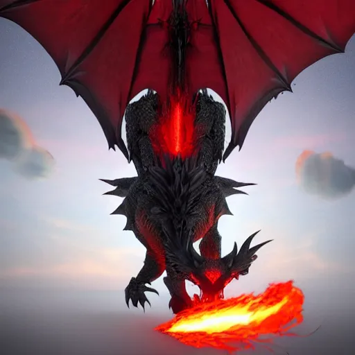 Prompt: dragon,big,monster,beast,furry,red,black,realistic render,spike,light,back round, four wings,fire,
