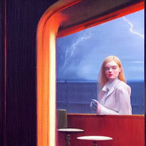 Image similar to Elle Fanning at night in the world of Edward Hopper, stormy weather, extremely detailed masterpiece, oil on canvas, low-key neon lighting, artstation, Blade Runner 2049, Roger Deakin’s cinematography, by J. C. Leyendecker and Norman Rockwell,