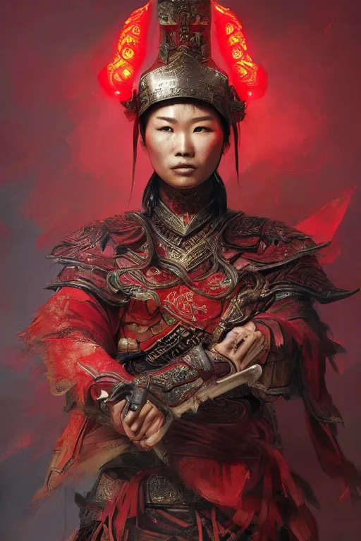 Image similar to chinese warrior, portrait, fierce, intricate, elegant, red volumetric lighting, digital painting, highly detailed, artstation, sharp focus, illustration, concept art, ruan jia, steve mccurry