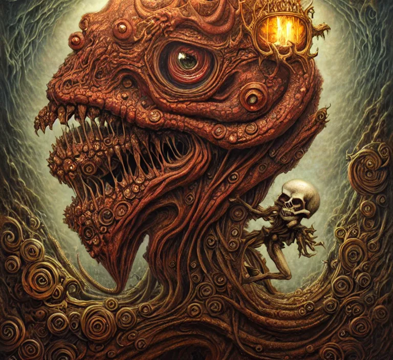 Image similar to A beautiful detailed grotesque monster super cute tarot card, by tomasz alen kopera and Justin Gerard, symmetrical features, ominous, magical realism, texture, intricate, ornate, royally decorated, skull, skeleton, whirling smoke, embers, red adornements, red torn fabric, radiant colors, fantasy, trending on artstation, volumetric lighting, micro details, 3d sculpture, ray tracing, 8k, anaglyph effect, digital art