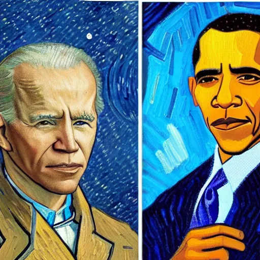 Image similar to a perfect fusion of Barack Obama and Joe Biden, style of Vincent Van Gogh, presidential fusion, mix of Biden and Obama, presidential cross, portrait, oil painting by Van Gogh, 4k photograph of painting