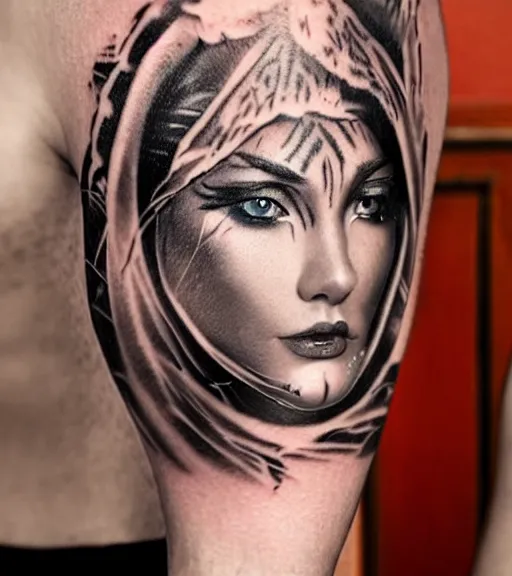 Image similar to tattoo design of a beautiful girl warrior under a tiger head, hyper realistic, realism tattoo, by eliot kohek, beautiful eyes, realistic face, black and white, white background