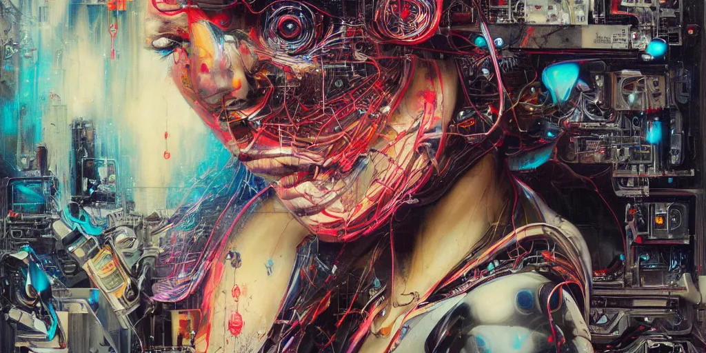 Prompt: portrait of computer & circuits, melting, 8 k, by tristan eaton, stanley artgermm, tom bagshaw, greg rutkowski, carne griffiths, ayami kojima, beksinski, giger, trending on deviantart, face enhance, hyper detailed, minimalist, cybernetic, android, blade runner, full of colour, super detailed