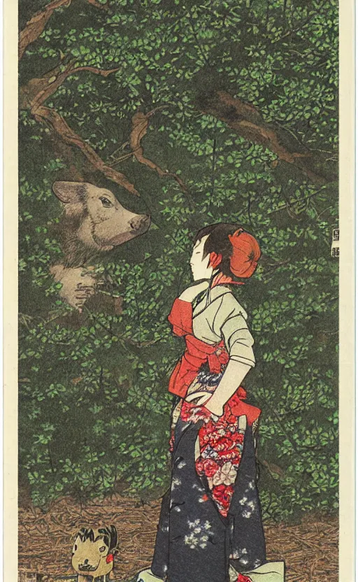 Prompt: by akio watanabe, manga art, girl observing to a boar in the forest, trading card front, kimono, realistic anatomy