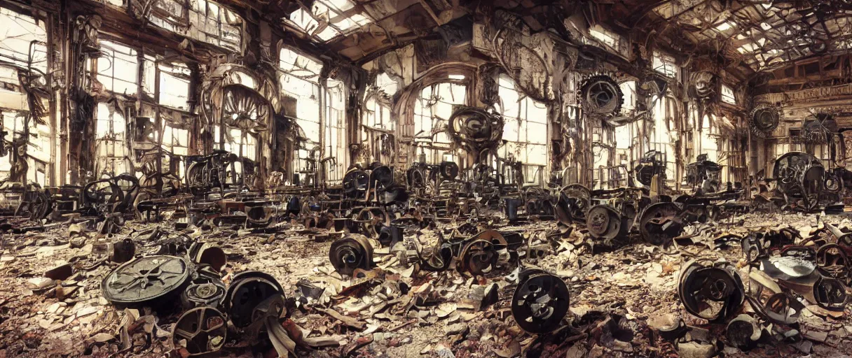 Image similar to movie still 4 k uhd 3 5 mm film color photograph of an abandoned steampunk workshop full of xix century differential machines