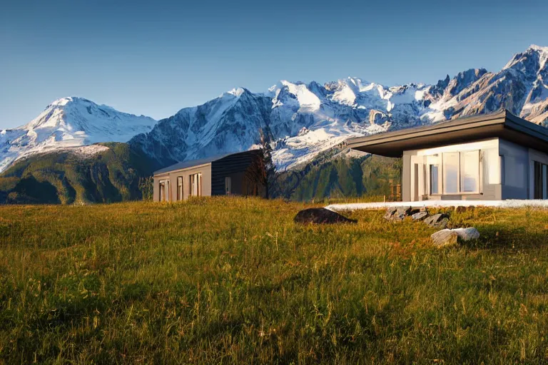 Image similar to architecture photo modern fachwerk house cottage settlement with Elbrus mountain on the background, architecture, photorealism 8k , shining and happy atmosphere, uplight, high details