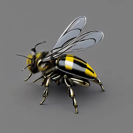Prompt: cyborg bee on metal flower, 3 d, highres