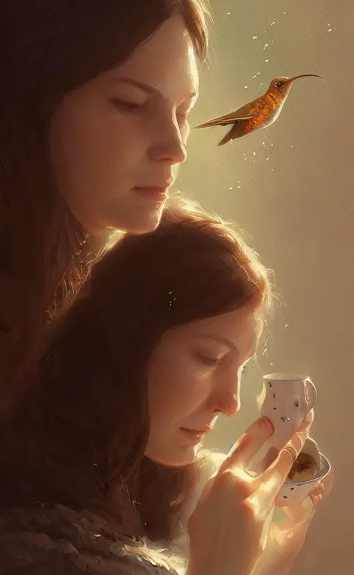 Prompt: portrait of a woman with brown hair sipping tea next to a humming bird, concept art, fantasy, highly detailed, cinematic lighting, digital painting by greg rutkowski