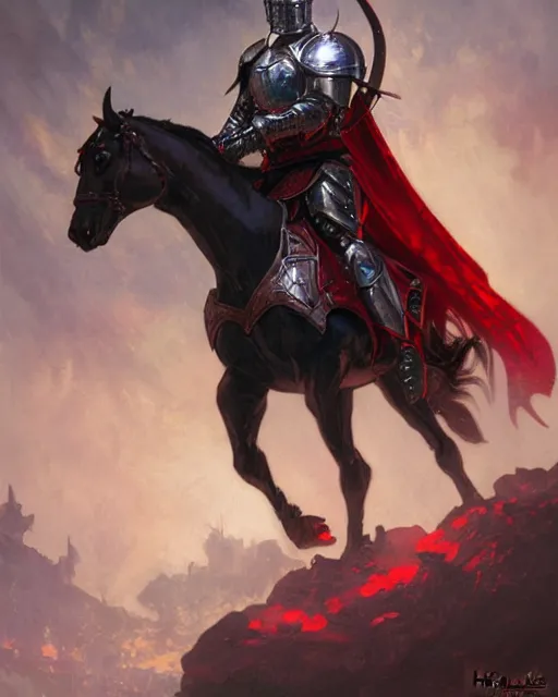 Prompt: a knight in black and red armor with glowing red eyes on horseback, intricate, highly detailed, artstation, concept art, dynamic lighting, illustration, sharp focus, Magic the Gathering art, art by ralph horsley, greg rutkowski, alphonse mucha