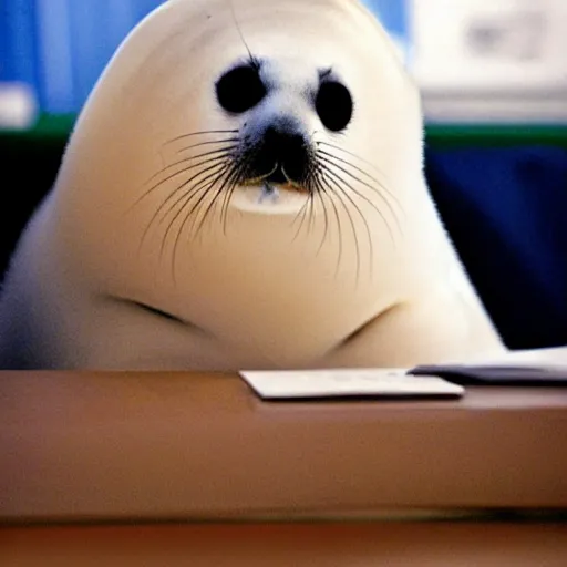 Image similar to a baby harp seal reading nuclear weapon plans in a well - appointed office, photo, gentle bokeh