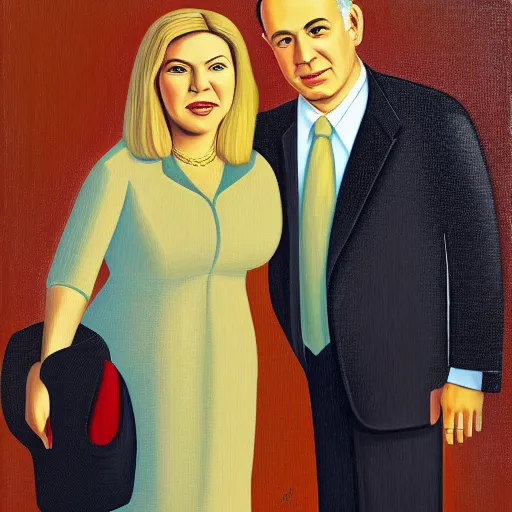 Prompt: A portrait of Benjamin Netanyahu and Sara Netanyahu by Grant Wood