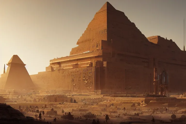 Prompt: futuristic oriental egyptian city, matte painting, long shot, concept art, wide shot, digital art, trending on artstation, 4 k, extremely detailed, realistic, midday, warm colors, golden sunlight, by greg rutkowski, cinematic, epic