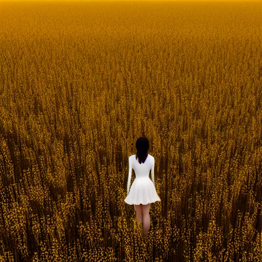 Prompt: very coherent hyper realistic symmetrical photo, perfect body ,aerial shot, a beautiful photo of a petite brunette girl in a transparent sheer fabric white dress standing on a bright yellow rye field, a lot of clouds, photo from the back, 135mm, trending on artstation, detailed, chrome accents, mild, ethereal, elegant, tender