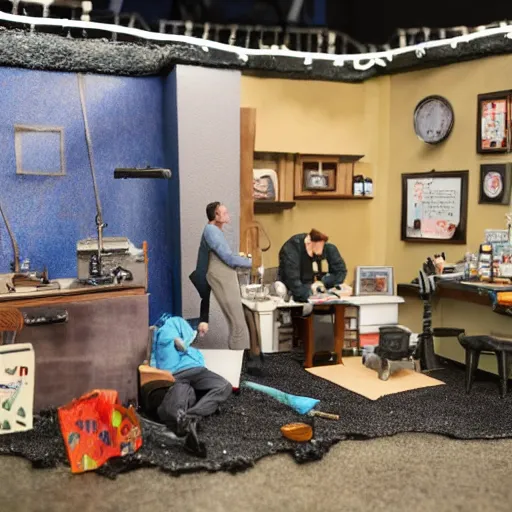 Prompt: a award winning closeup photo of a stopmotion animation filming set of brooklyn nine - nine