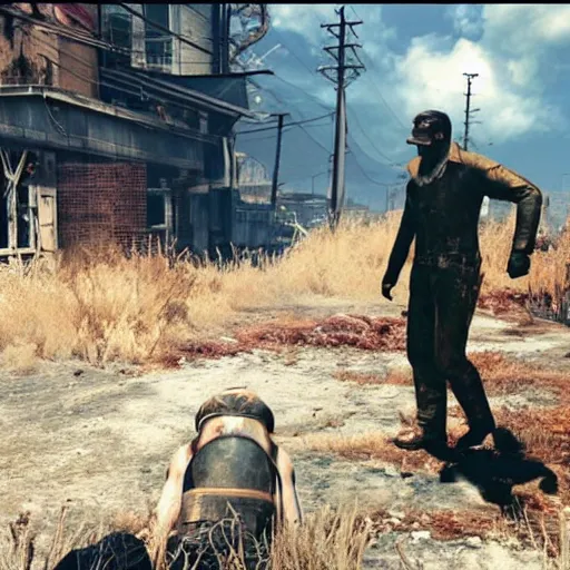 Image similar to ryan gosling kills a mutant in fallout 4