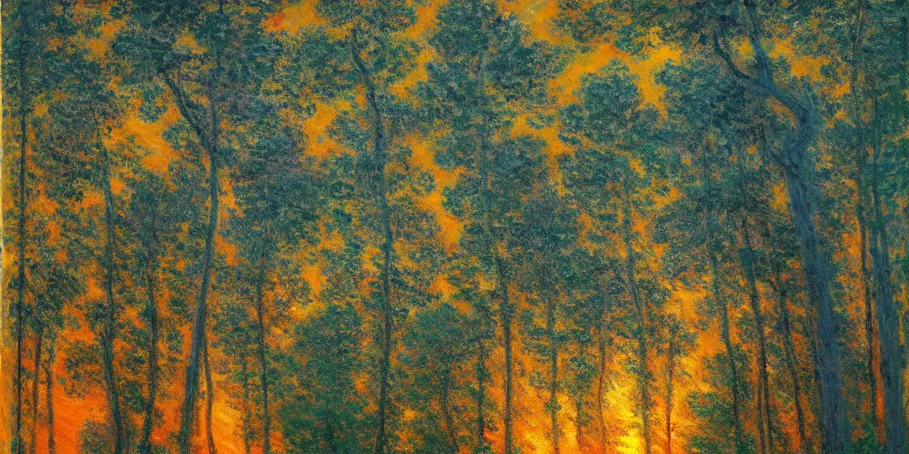 Prompt: An aesthetically pleasing, dynamic, energetic, lively, well-designed digital art of trees inside a forest during sunset, light and shadow, by Claude Monet, superior quality, masterpiece, excellent use of negative space. 8K, superior detail.