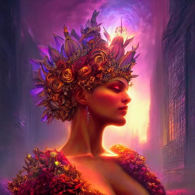 Image similar to Beautiful 3d render of the flower queen goddess in a sensual pose, atmospheric lighting, painted, intricate, volumetric lighting, beautiful, rich deep colours masterpiece, sharp focus, ultra detailed, in the style of Dan Mumford and marc simonetti, with a crowded futuristic cyberpunk city in the background, astrophotgraphy