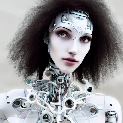 Image similar to beautiful centered fine art photo portrait of romantic beautiful girl as a solarpunk robotic humanoid, white mechanical parts with led lights, contrapposto pose, photorealistic, white background, highly detailed and intricate, soft box lighting, hdr 8 k