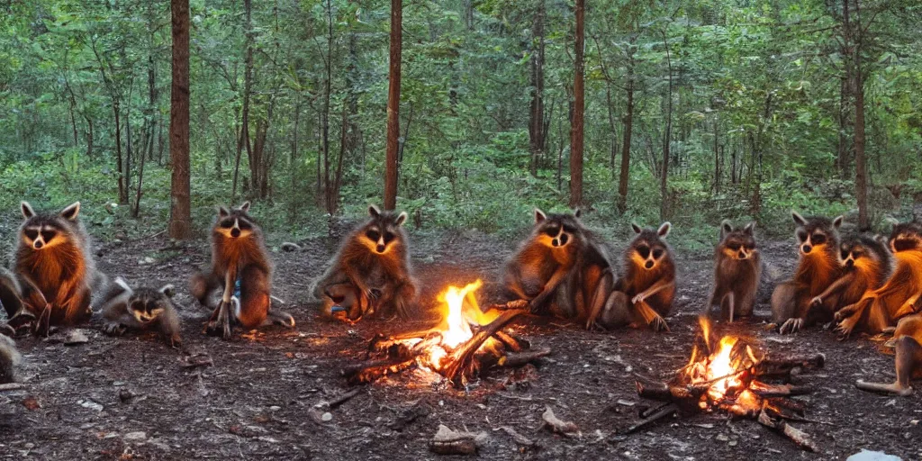 Prompt: a group of racoons sitting around a campfire in the middle of the forest, surrounded by fireflies. photograph