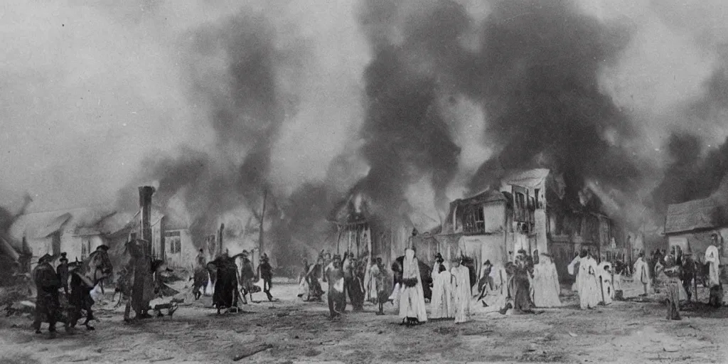 Prompt: scary unproportionable tall ghost creature in the middle of a village on fire, 1900s picture