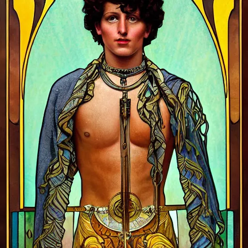 Image similar to a dramatic ethereal epic symmetrical painting of a handsome augustus caesar | tarot card, art deco, art nouveau, steampunk, realistic | by louis comfort tiffany and alphonse mucha | trending on artstation