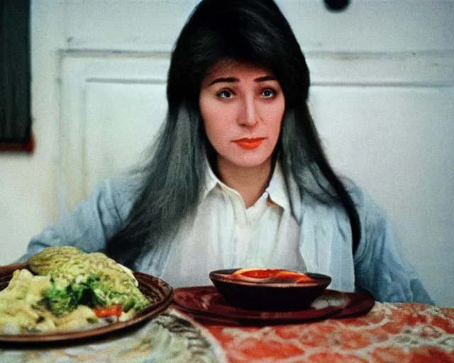 Prompt: 1 9 7 9 a soviet movie still a russian woman sitting at a table with a plate of food in dark warm light, a character portrait by nadya rusheva, perfect symmetric coherent face, perfect symmetric eyes, featured on cg society, neo - fauvism, movie still, 8 k, fauvism, cinestill, bokeh, gelios lens