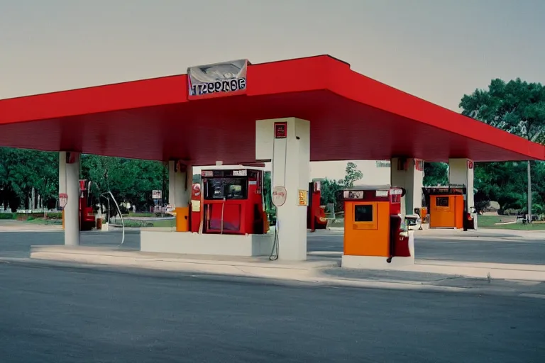 Image similar to a beautiful luxurious gas station, retro and 1 9 8 0 s style, beautiful architecture