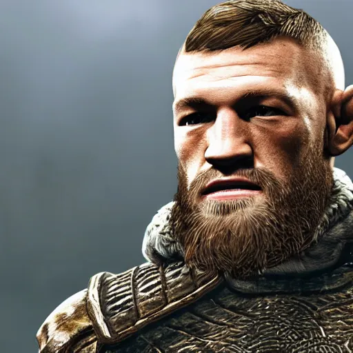 Prompt: character screenshot of conor mcgregor in skyrim, female armor, npc talking, wilderness, 1 0 8 0 p, bokeh, elder scrolls v, detailed, dialog text