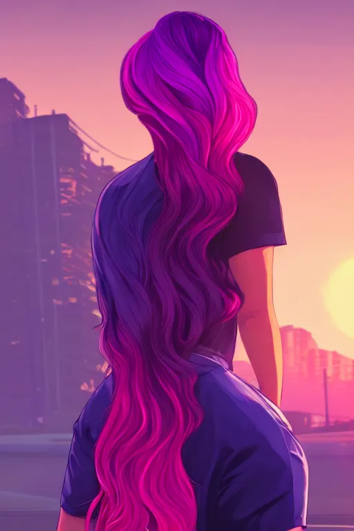 Image similar to a stunning GTA V loading screen with a beautiful woman with ombre purple pink hairstyle, hair blowing in the wind, sunset, outrun, vaporware, retro, digital art, trending on artstation