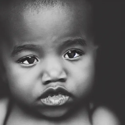 Prompt: the face of kanye west at 2 years old, portrait by julia cameron, chiaroscuro lighting, shallow depth of field, 8 0 mm, f 1. 8