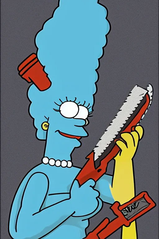 Image similar to marge simpson as a serial killer, holding a chainsaw