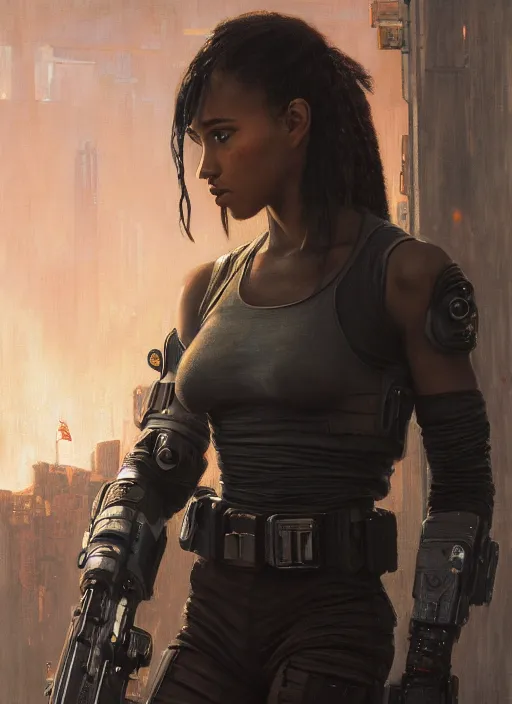 Prompt: 🤸🏿♀. cyberpunk mercenary in a military vest ( blade runner 2 0 4 9, cyberpunk 2 0 7 7 ). orientalist portrait by john william waterhouse and james gurney and theodore ralli and nasreddine dinet, oil on canvas. cinematic, hyper realism, realistic proportions, dramatic lighting, high detail 4 k