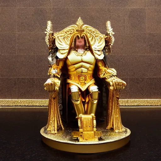 Image similar to The emperor of mankind is sitting on a golden toilet bowl