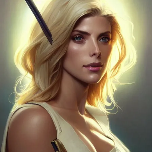 Image similar to Ashley Greene with blonde hair as Power Girl, western, D&D, fantasy, intricate, elegant, highly detailed, digital painting, artstation, concept art, matte, sharp focus, illustration, art by Artgerm and Greg Rutkowski and Alphonse Mucha