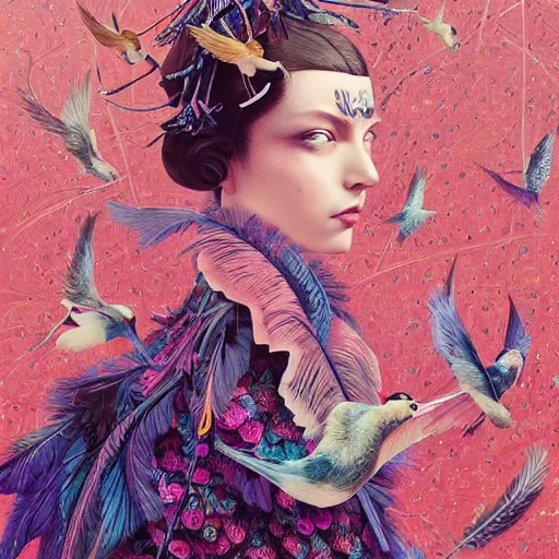 Image similar to pretty model with birds and feathers : : by martine johanna and simon stalenhag and chie yoshii and casey weldon and wlop : : ornate, dynamic, particulate, rich colors, intricate, elegant, highly detailed, vogue, harper's bazaar art, fashion magazine, smooth, sharp focus, 8 k, octane render