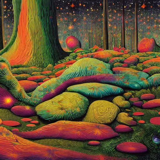 Image similar to psychedelic couch sofa in the pine forest, goose, milky way, designed by moebius, rob gonsalves, gustav dore, giuseppe arcimboldo and carl barks, louis wain, trending on artstation, canada, star, sharp focus, colorful refracted sparkles and lines, soft light, 8 k 4 k